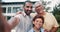 Happy, selfie and child with grandfather and father at their home for bonding together in garden. Smile, excited and