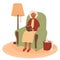 Happy senior black-skinned woman reading book on the chair. Old women in a cozy home environment. Vector illustration