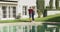 Happy senior caucasian couple dancing by swimming pool in sunny garden