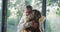 Happy senior caucasian father and teenage daughter hugging by window with garden view