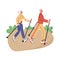 Happy senior couple doing nordic walking with stikcs in park. Elderly man and woman lead active lifestyle. Grandmother