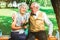Happy senior couple love story. Old couple is walking in the green park. Grandmother and grandfather laughing. Elderly people