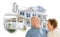 Happy Senior Couple Over House Sketch and Photo on White