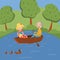 Happy senior couple rowing a boat on lake vector Illustration