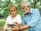 Happy Senior couple sitting on the green grass and enjoying using laptop for online entertainment in the park, Happy life and