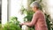 Happy senior woman cleaning houseplant