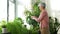 Happy senior woman cleaning houseplant