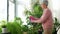 Happy senior woman spraying houseplants at home