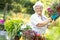 Happy senior woman tends the flowers in a hanging pot