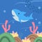 happy shark dive swim under water aqua ocean wave with coral playful adorable whimsical children style illustration