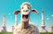 A happy sheep on Eid day with mosque in background , Eid Al Adha, Eid post, Generative Ai