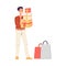Happy shopper or buyer with bags and boxes flat vector illustration isolated.