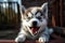 A happy Siberian Husky puppy with big eyes and an open mouth