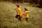 Happy siblings running in grassy meadow