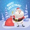 Happy singing song Santa Claus in forest with gift sack and ring bell.