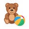 Happy sitting  teddy bear toy with the colorful ball icon. Vector illustration in flat style