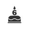 Happy sixth birthday icon. Cake with a candle in the form of the number 6. Vector symbol EPS 10