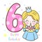 Happy sixth birthday with princess holding cake greeting card vector