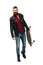 Happy skateboarder in black leather jacket posing with longboard isolated