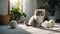 Happy sleepy tabby fluffy Persian cat plays with beautiful balls, skeins of thread. The kitten looks at the camera