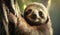 A happy sloth hanging from a tree in the forrest. High quality 3d render Illustration of Sloth