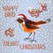 Happy small bird Black Redstart Santa Merry Christmas and New yar and lettering and snow vintage vector illustration editable