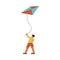 Happy small boy flying kite outdoors in summer vector illustration