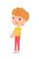 Happy smart boy in glasses standing. Joyful smiling little child talking. Positive emotion and fun vector illustration