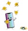 Happy smartphone cute kawaii cartoon character juggling happy golden coins, concept illustration of mobile payments.