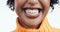 Happy, smile and black woman with teeth, mouth or closeup of laughing person in white background in studio for dentist