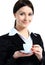 Happy smile business woman hold cup of coffee