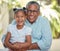 Happy, smile and family portrait of a grandparent and girl with happiness outdoors. Smiling man and young child laughing