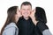 happy smile father kiss by daughter and wife in white