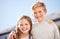 Happy, smile and portrait of children siblings bonding outdoor in a backyard garden together. Happiness, love and kids