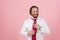 Happy smiled man in white shirt dressing on red tie. Bearded manager with red tie takes off jacket on pink background.