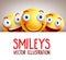 Happy smileys funny vector background with different smile