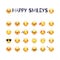 Happy smileys vector icon set. Joy emoticons pictograms collection. Happy round yellow smileys. Laughing, joyful, in