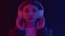 Happy smiling asian girl listen cool music melody using headphones in neon light
