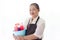 Happy smiling Asian senior elderly woman housewife carrying cleaning spray and detergent basket for cleaning up, grandma doing