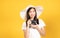 Happy smiling asian young girl photographer wearing hat and hold camera DSLR and photo camera