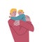 Happy smiling blond-haired father standing and hugging a son in his arms. Vector illustration in flat cartoon style.