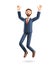 Happy smiling businessman jumping celebrating success. 3D illustration of cartoon winning male character with his hands in the air