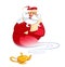 Happy smiling cartoon genie Santa Claus coming out of a magic oi