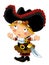 Happy smiling cartoon medieval pirate woman standing smiling with sword on white background