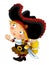 Happy smiling cartoon medieval pirate woman standing smiling with sword on white background - illustration
