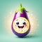 A Happy Smiling Cartoon Purple Eggplant with a Green Leaf on a green purple Background. A Best Smile . A Cute Fruit Eggplant