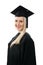 Happy smiling college graduate wearing gown on white