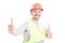 Happy smiling constructor or builder showing double like sign