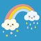 Happy smiling cute rainy and stars clouds with a rainbow between, vector illustration