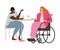 Happy smiling disabled girl in pink clothes sitting in a wheelchair with her friend. Vector illustration in flat cartoon